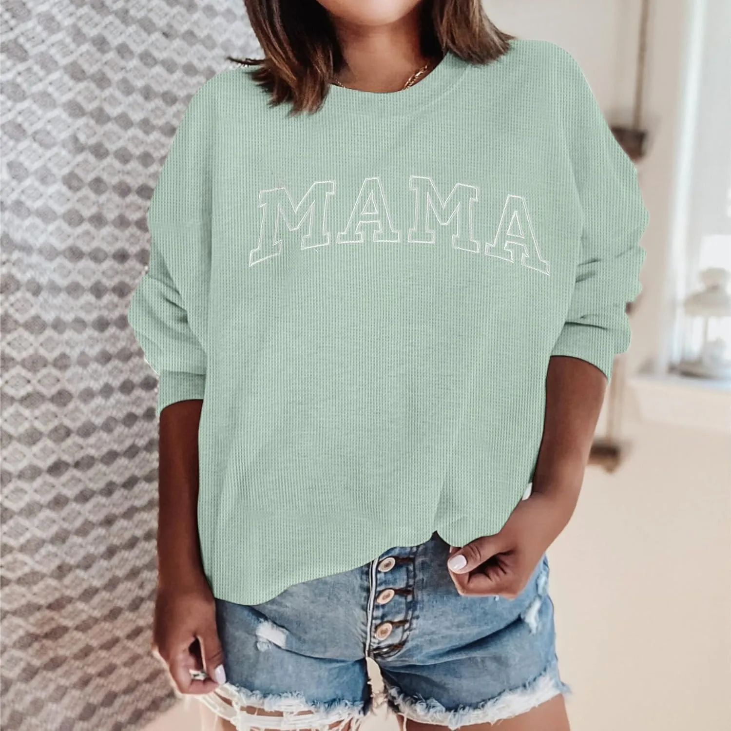 ASTANFY Womens Crewneck Sweatshirt Mama Letter Print Long Sleeve Loose Fashion Pullover Top