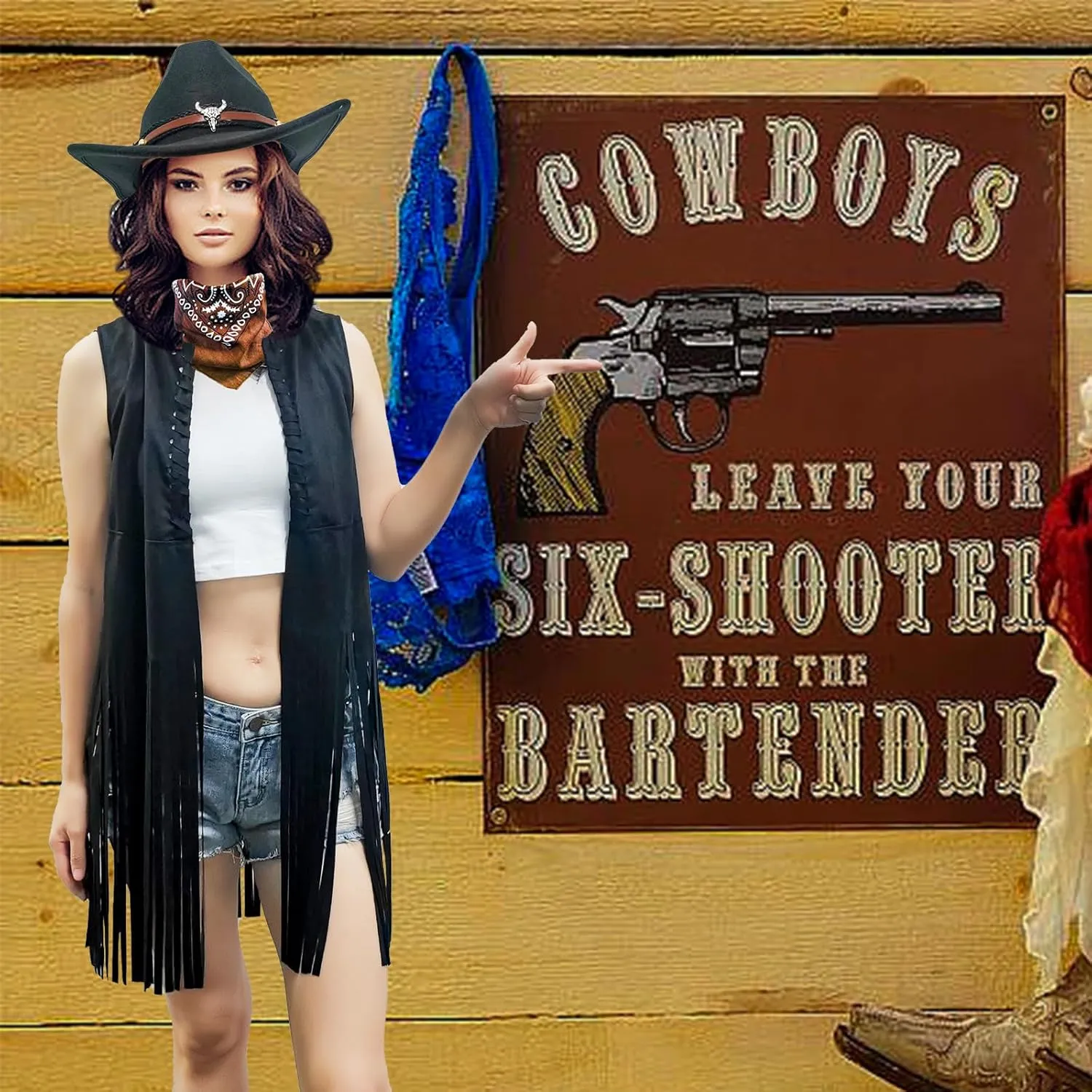 ATAMET Western Cowgirl Outfits for Women Cowgirl Fringe Vest Cowboy Hat Necklace Bandana,70s Hippie Costume for Halloween