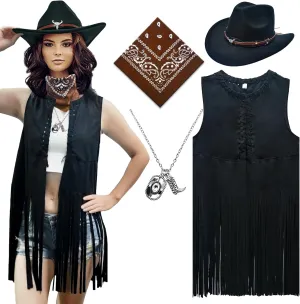 ATAMET Western Cowgirl Outfits for Women Cowgirl Fringe Vest Cowboy Hat Necklace Bandana,70s Hippie Costume for Halloween