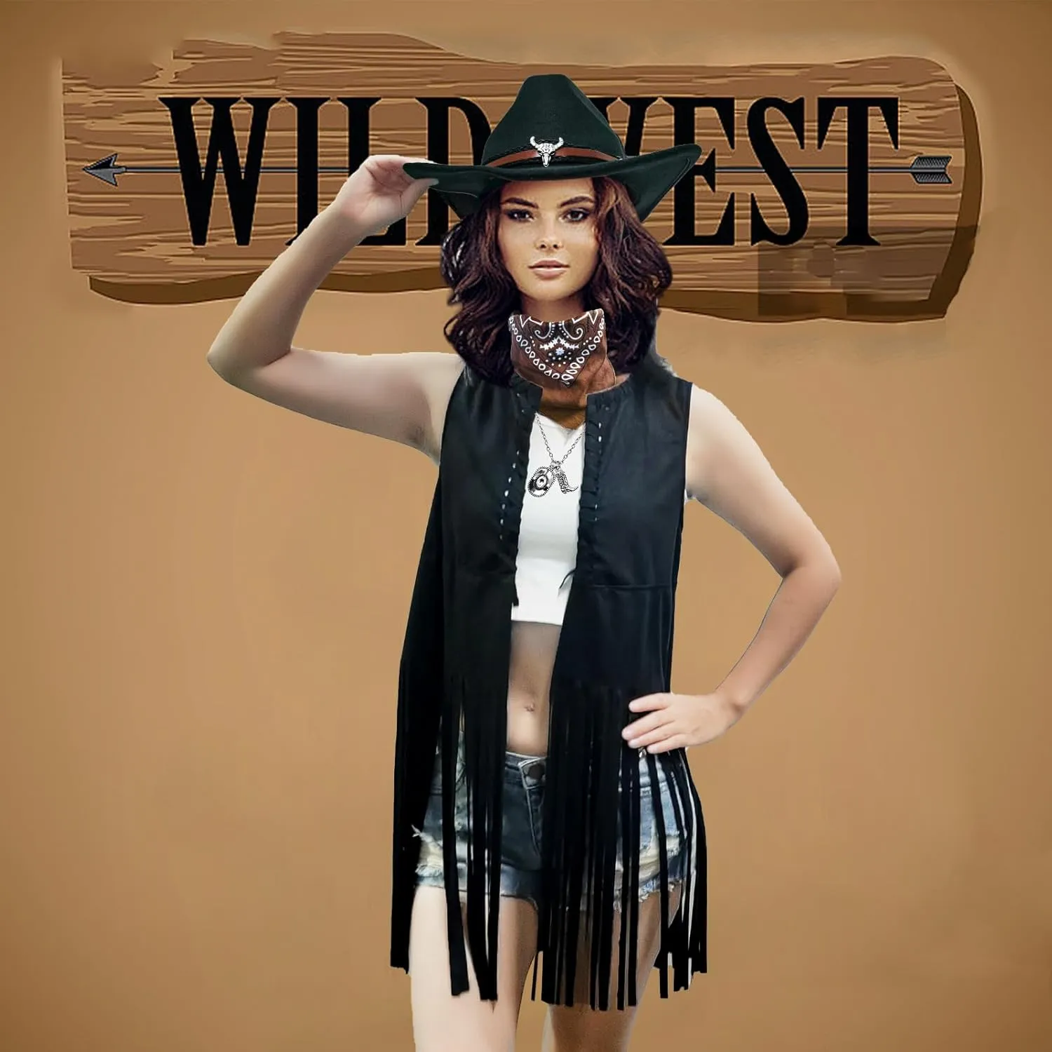 ATAMET Western Cowgirl Outfits for Women Cowgirl Fringe Vest Cowboy Hat Necklace Bandana,70s Hippie Costume for Halloween