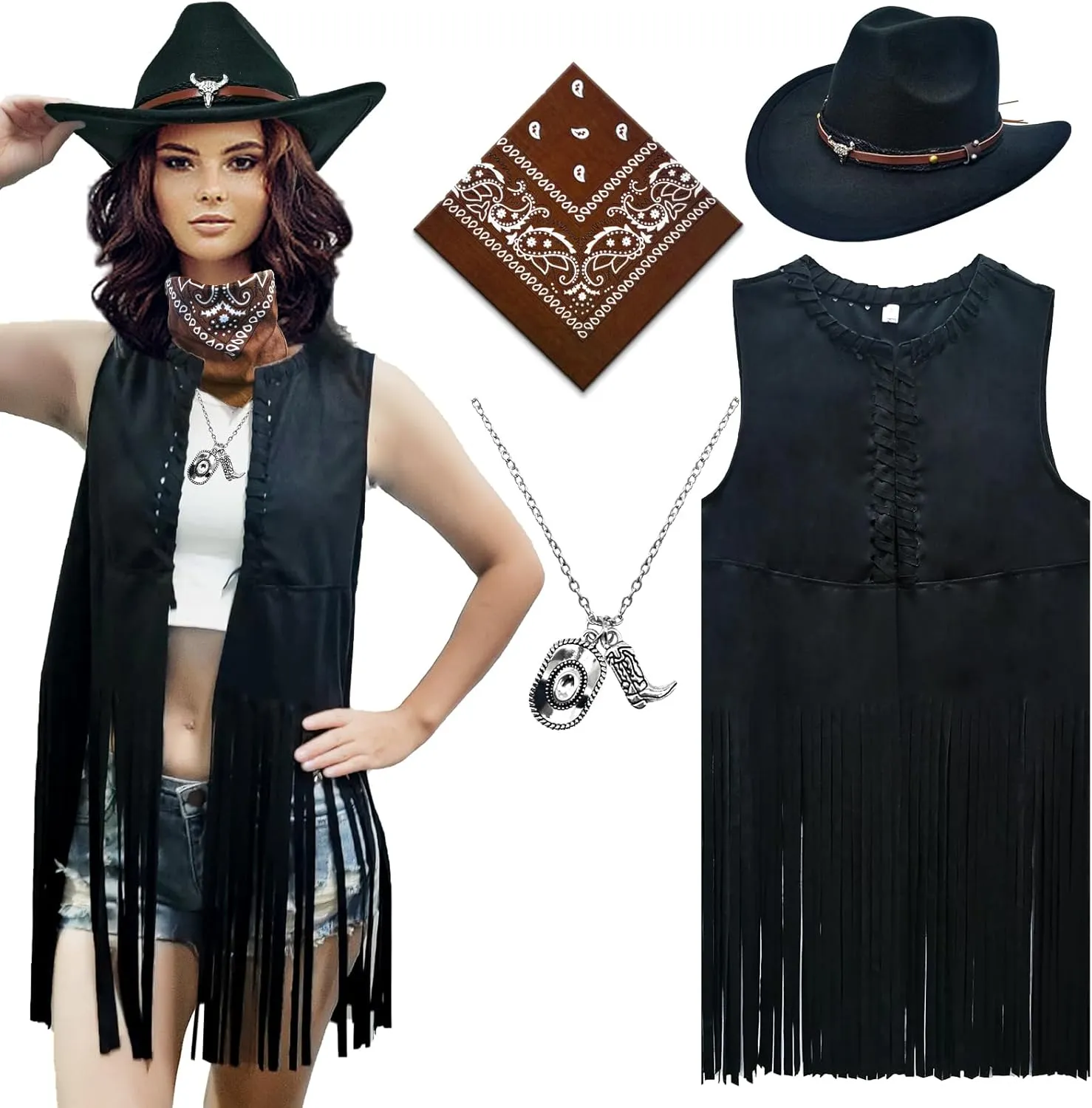 ATAMET Western Cowgirl Outfits for Women Cowgirl Fringe Vest Cowboy Hat Necklace Bandana,70s Hippie Costume for Halloween