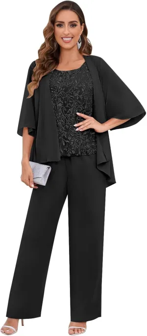 AUMEELAM Chiffon Mother of The Bride Pant Suits 3PCS Wedding Formal Outfit Set Sequin Lace Evening Gown for Women