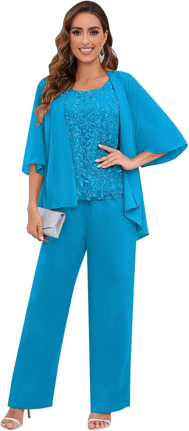 AUMEELAM Chiffon Mother of The Bride Pant Suits 3PCS Wedding Formal Outfit Set Sequin Lace Evening Gown for Women