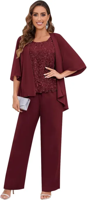 AUMEELAM Chiffon Mother of The Bride Pant Suits 3PCS Wedding Formal Outfit Set Sequin Lace Evening Gown for Women