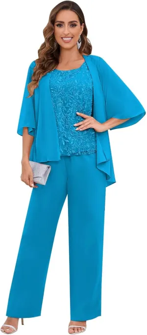 AUMEELAM Chiffon Mother of The Bride Pant Suits 3PCS Wedding Formal Outfit Set Sequin Lace Evening Gown for Women