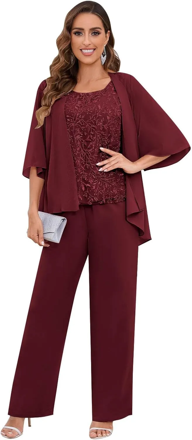 AUMEELAM Chiffon Mother of The Bride Pant Suits 3PCS Wedding Formal Outfit Set Sequin Lace Evening Gown for Women