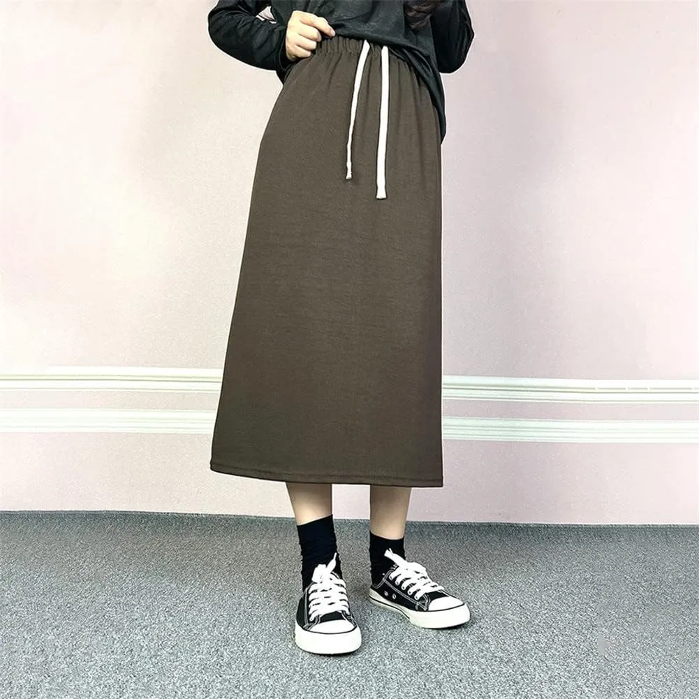 Autumn Winter Women Split Skirt Drawstring Elastic Waist Long Midi Skirts