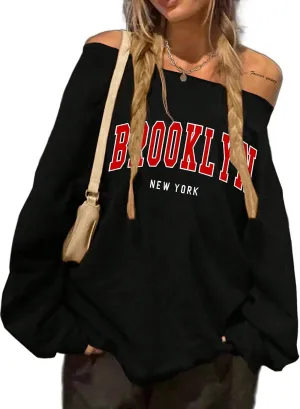 Avanova Women West Coast Graphic Off Shoulder Sweatshirt Boat Neck Long Sleeve Oversized Pullover Shirt