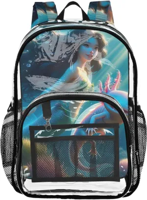 Axolotl Mermaid Women Clear Backpack Cute Girls Backpack for Kids Plastic School Clear Bookbag