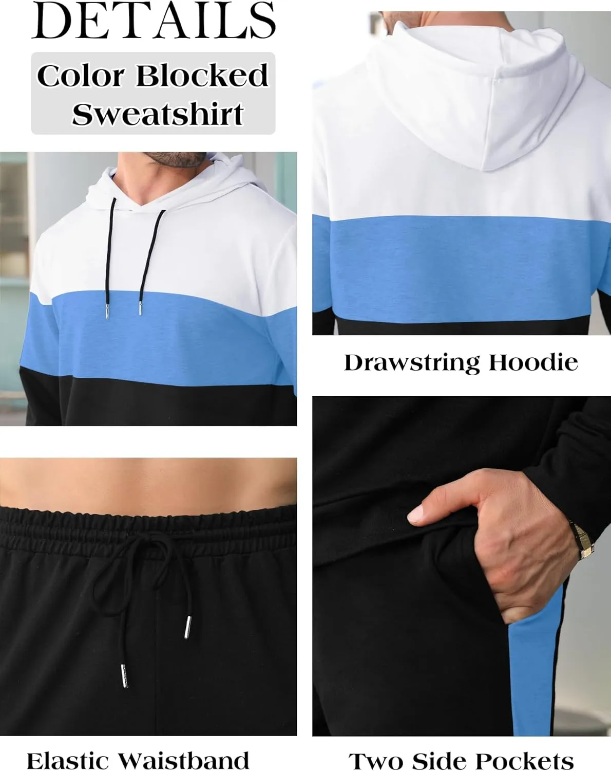 Babioboa Men's Tracksuit 2 Piece Color Block Hoodie Set Pullover Sweatshirt and Jogging Sweatpants Athletic Sweatsuits Set