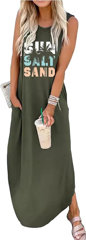 Beach Summer Dress for Women Sun Salt Sand Tank Dresses Holiday Sundress Beach Sleeveless Split Maxi Dress