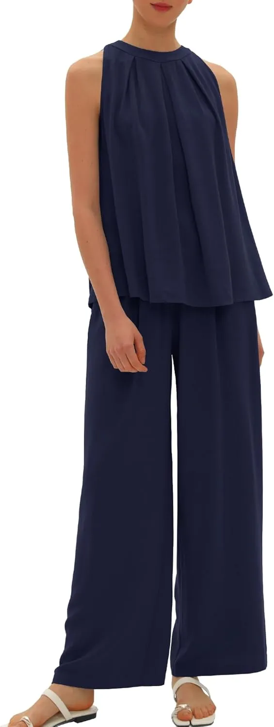 Beaully Women's Summer Linen 2 Piece Outfits Sets Loose Fit Sleeveless Tank Tops Wide Leg Pant Sets Lounge Travel Sets