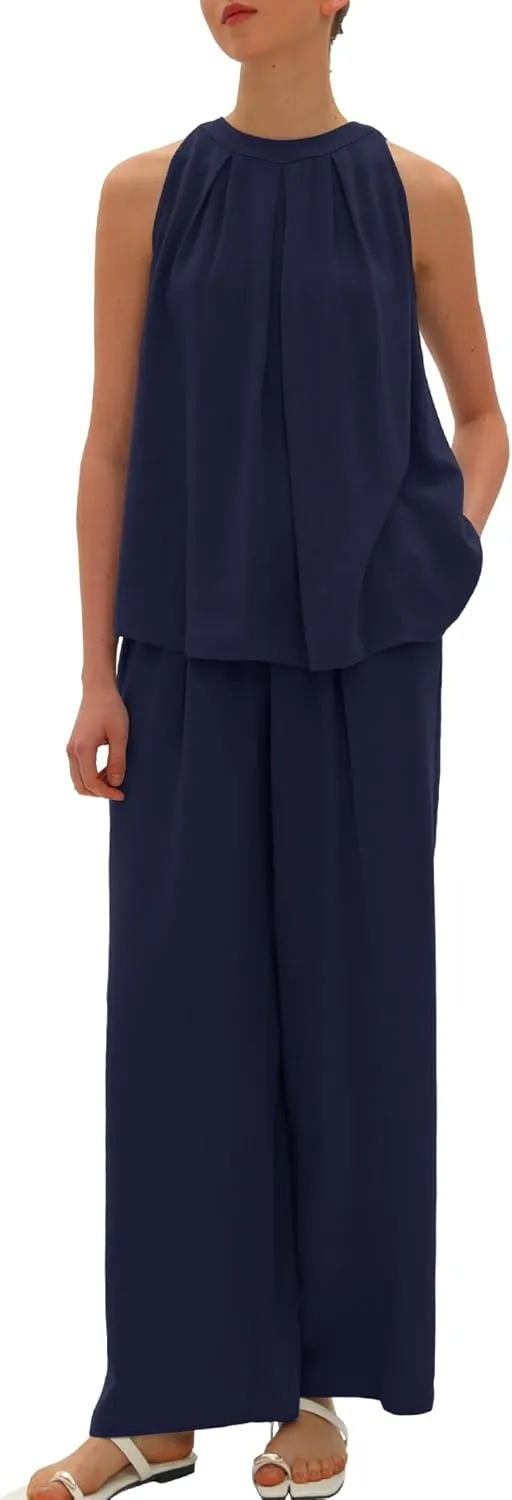 Beaully Women's Summer Linen 2 Piece Outfits Sets Loose Fit Sleeveless Tank Tops Wide Leg Pant Sets Lounge Travel Sets