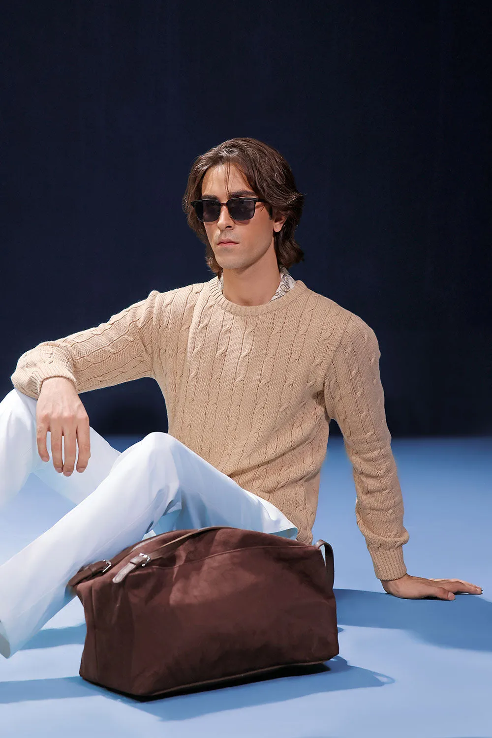 Beige Crew Neck Cable Knit Sweater