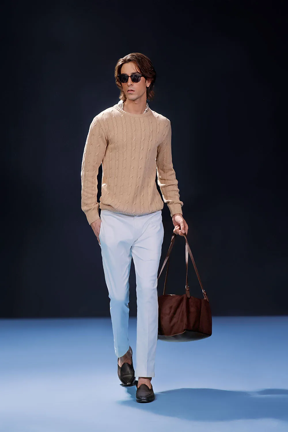 Beige Crew Neck Cable Knit Sweater