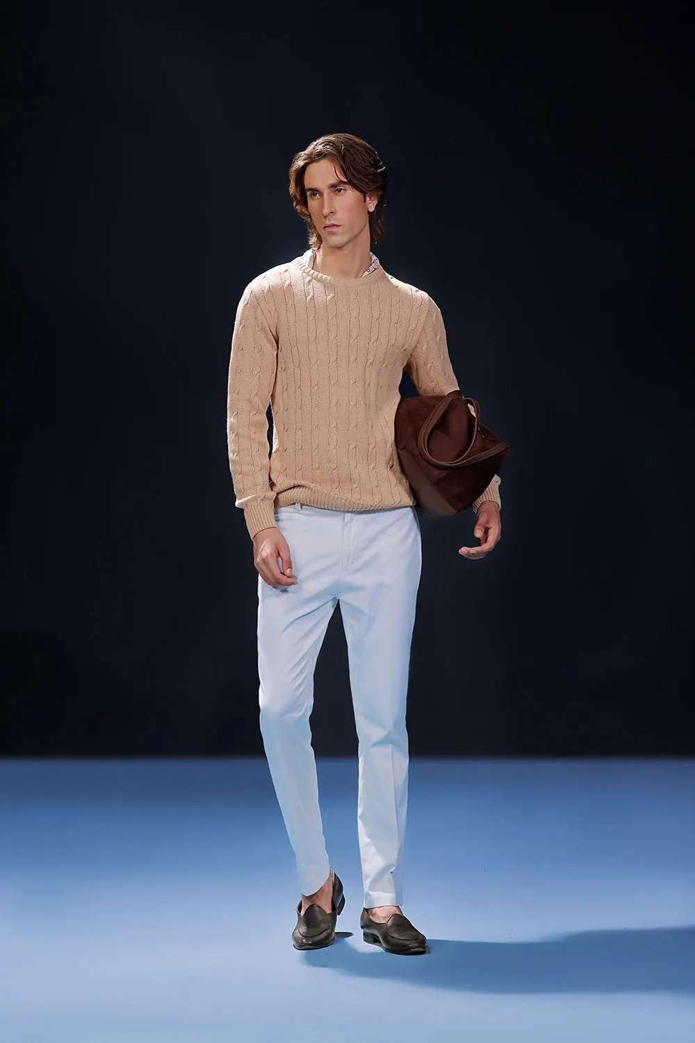 Beige Crew Neck Cable Knit Sweater