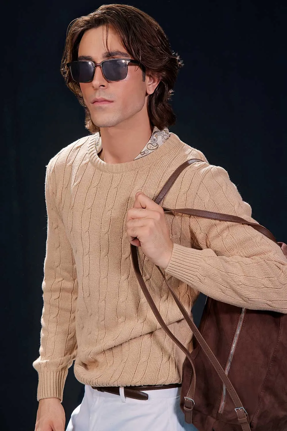 Beige Crew Neck Cable Knit Sweater