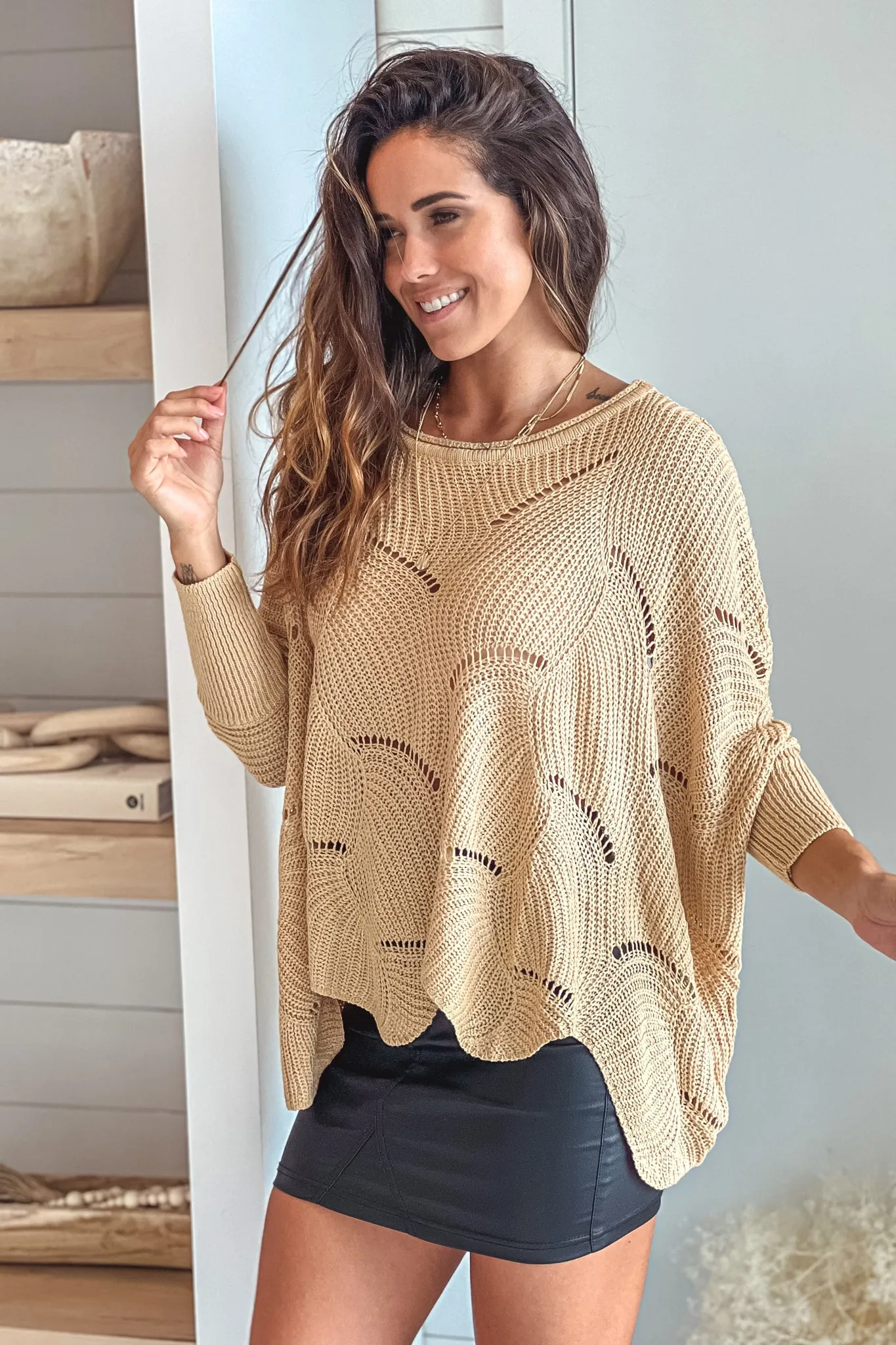 Beige Round Neck Crochet Top With Long Sleeves