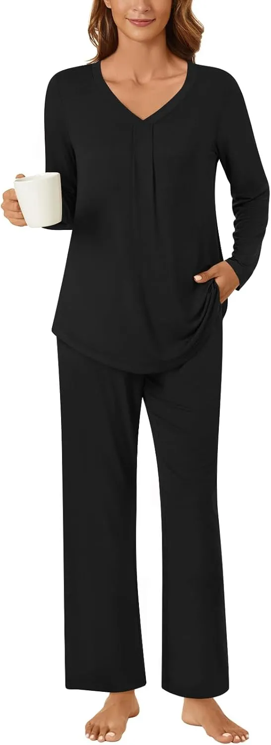 Bestbee Women's Pajama Set, 2 Piece Lounge Outfits V Neck Sleepwear Fall Long Sleeve Long Pants With Pockets Ladies Pjs