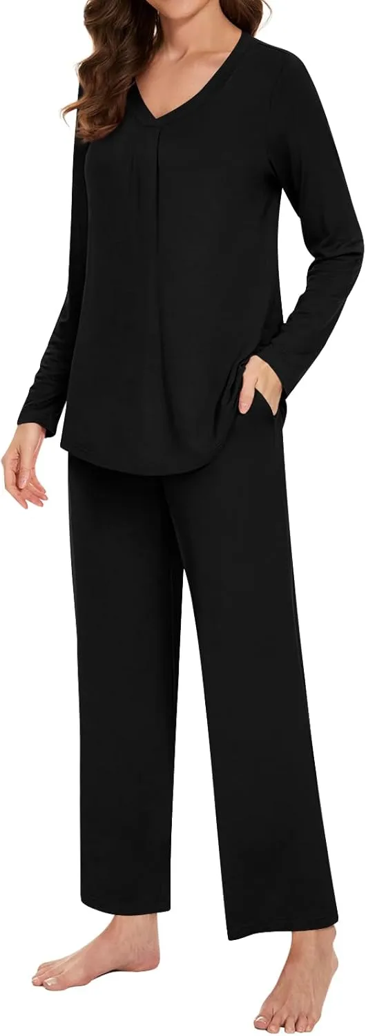 Bestbee Women's Pajama Set, 2 Piece Lounge Outfits V Neck Sleepwear Fall Long Sleeve Long Pants With Pockets Ladies Pjs