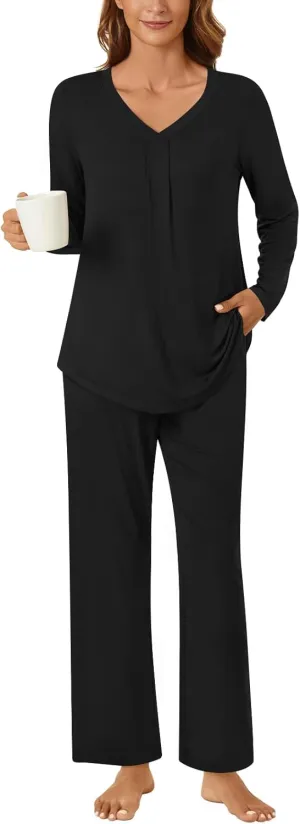 Bestbee Women's Pajama Set, 2 Piece Lounge Outfits V Neck Sleepwear Fall Long Sleeve Long Pants With Pockets Ladies Pjs
