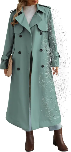 Betusline Women's Waterproof Long Trench Coat Double Breasted Lapel Duster Jacket Overcoat with Belt,S-2XL