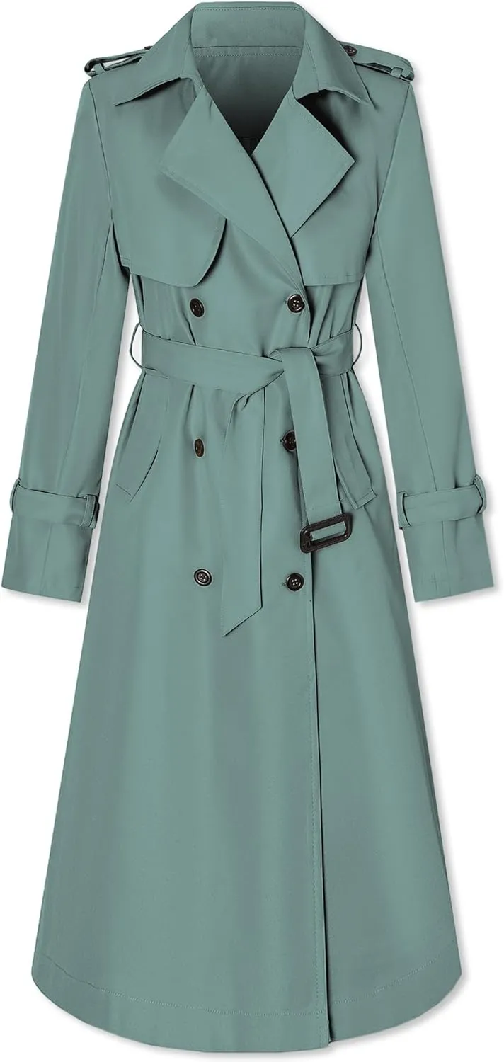Betusline Women's Waterproof Long Trench Coat Double Breasted Lapel Duster Jacket Overcoat with Belt,S-2XL