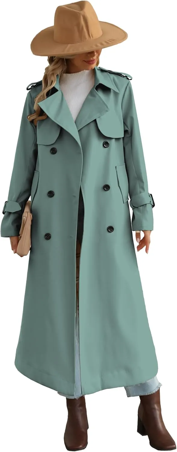 Betusline Women's Waterproof Long Trench Coat Double Breasted Lapel Duster Jacket Overcoat with Belt,S-2XL