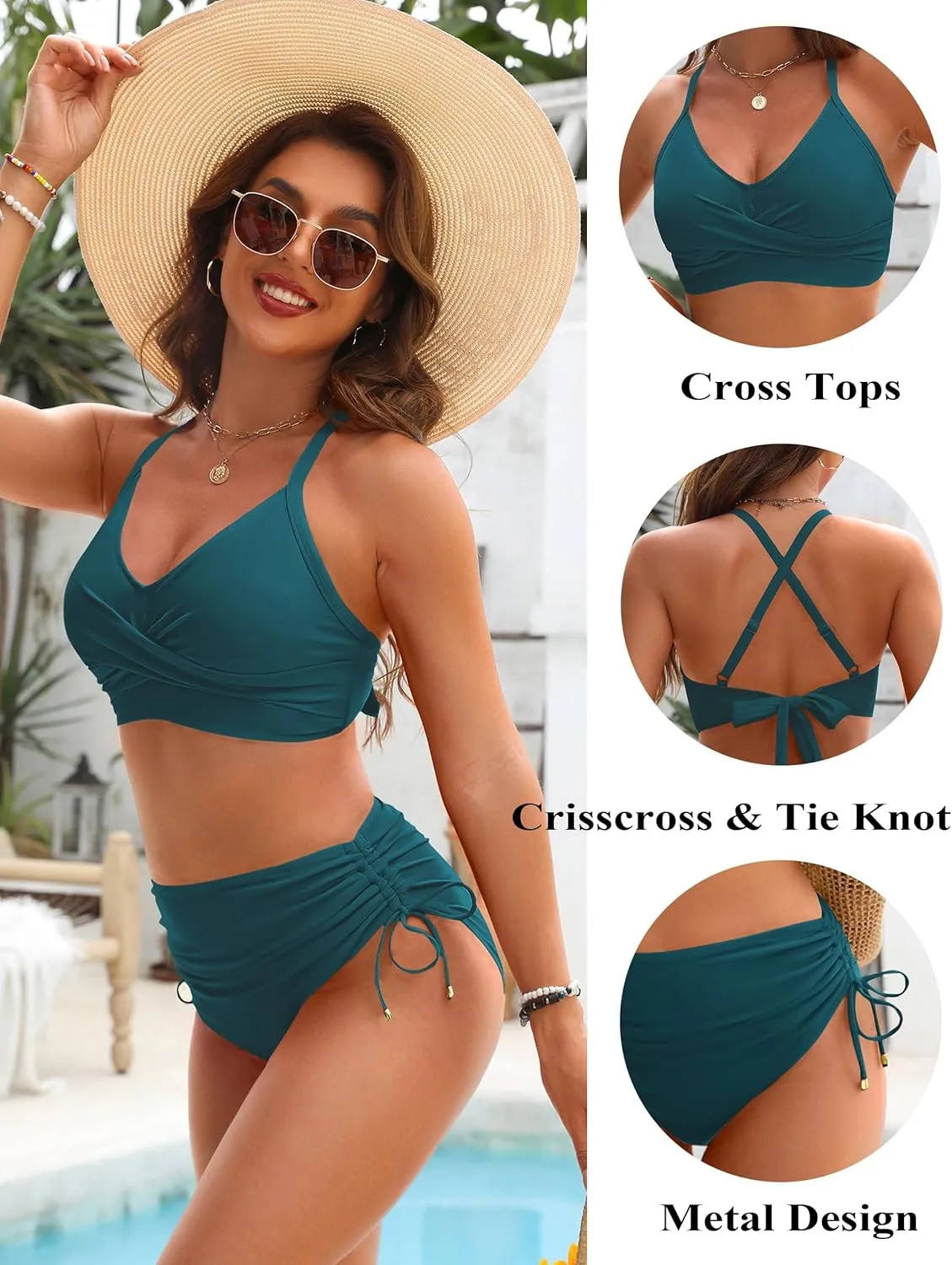 Blooming Jelly Womens High Waisted Bikini Sets Drawstring Tummy Control Swimsuits Crisscross Tie Back Bathing Suit