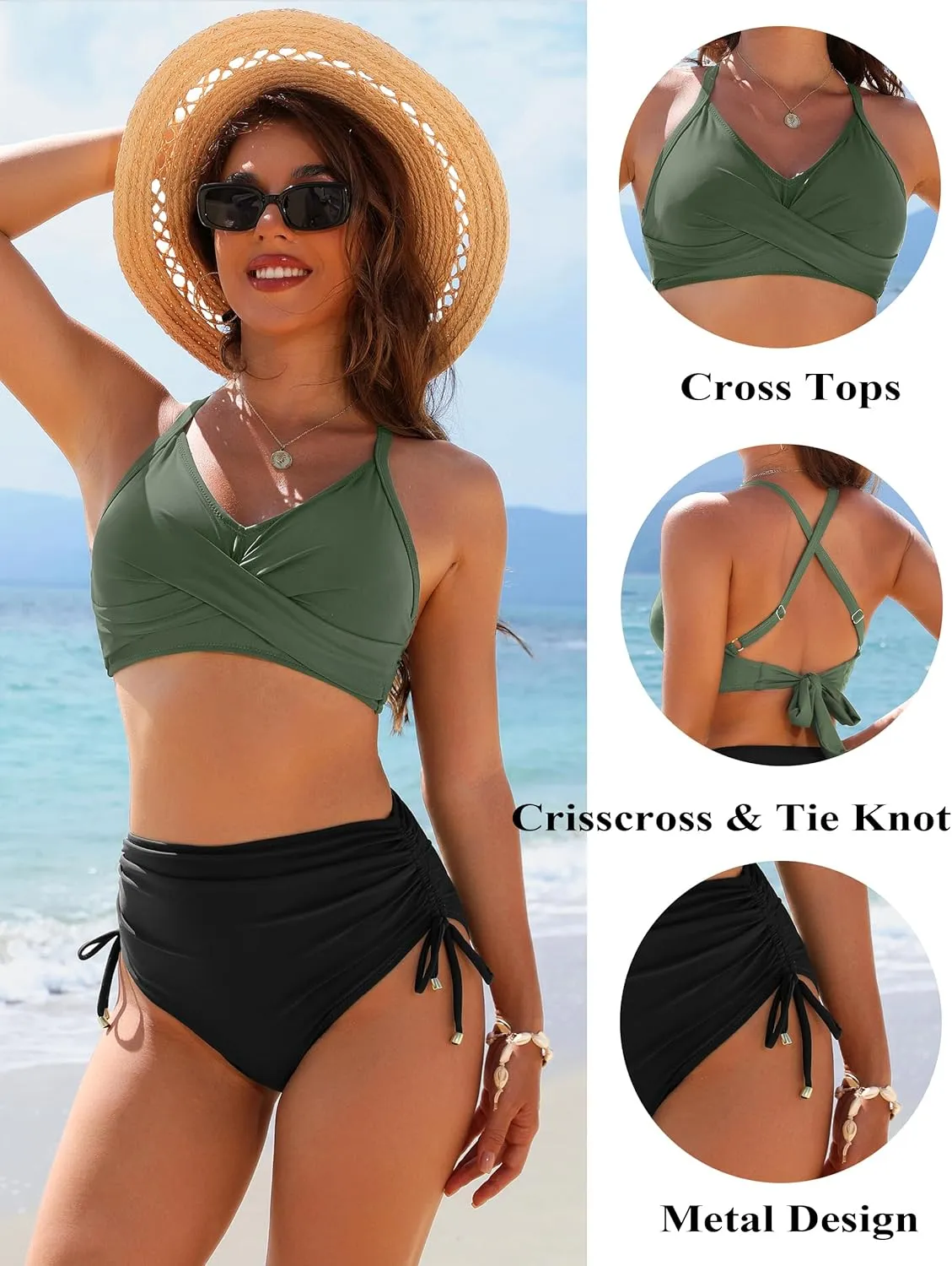 Blooming Jelly Womens High Waisted Bikini Sets Drawstring Tummy Control Swimsuits Crisscross Tie Back Bathing Suit