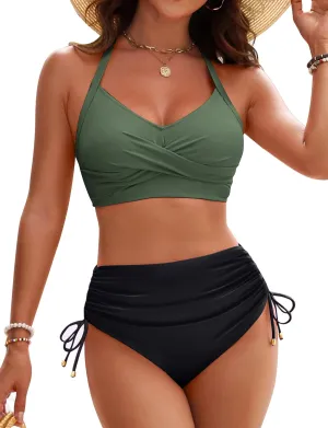 Blooming Jelly Womens High Waisted Bikini Sets Drawstring Tummy Control Swimsuits Crisscross Tie Back Bathing Suit