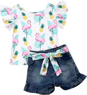 Bmnmsl Baby Toddler Girls Floral Short Sleeve Tops T-Shirt Vest & Denim Shorts Set Kids 1T 2T 3T 4T 5T Clothes Summer Outfits