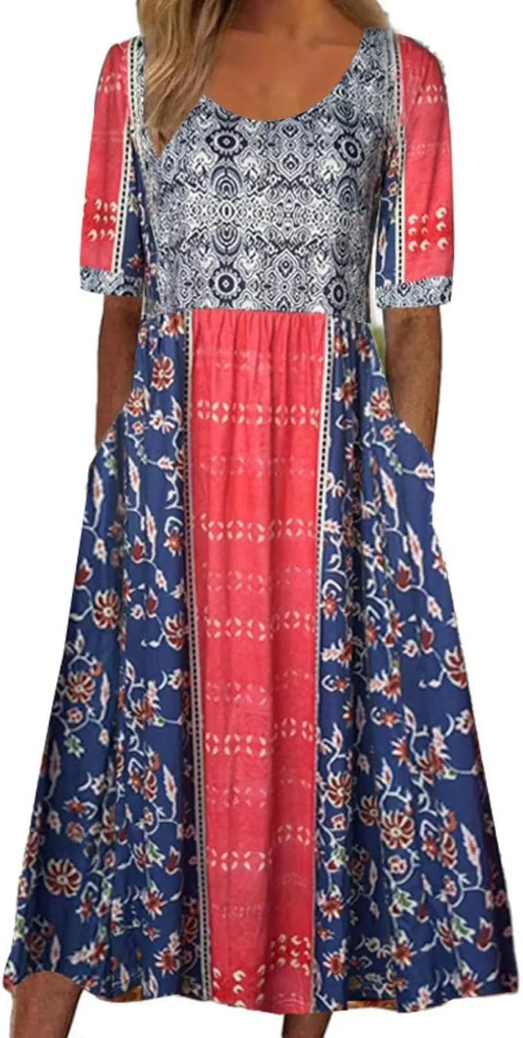 Boho Dress for Women Floral Print Crewneck Short Sleeve Tiered Pleated Long Sundresses Summer Casual Loose Dresses