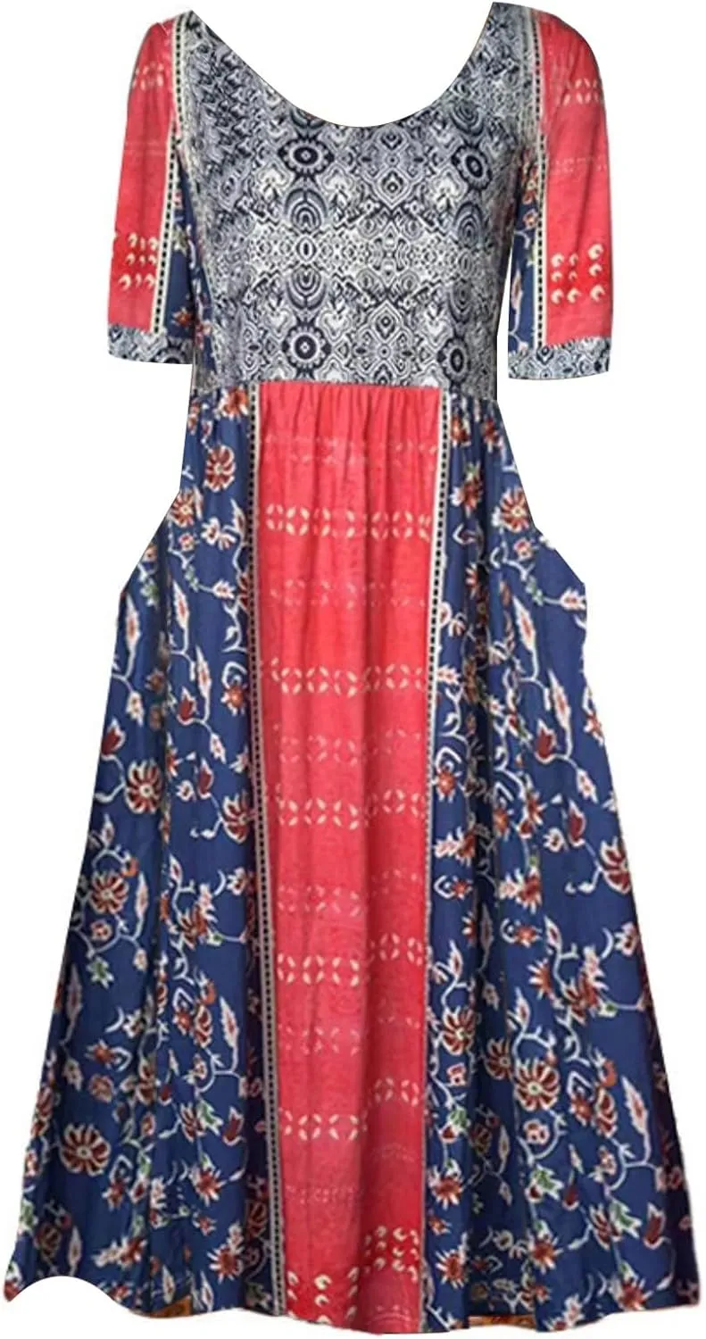 Boho Dress for Women Floral Print Crewneck Short Sleeve Tiered Pleated Long Sundresses Summer Casual Loose Dresses
