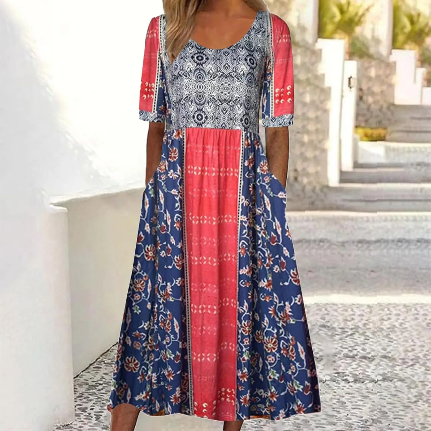 Boho Dress for Women Floral Print Crewneck Short Sleeve Tiered Pleated Long Sundresses Summer Casual Loose Dresses