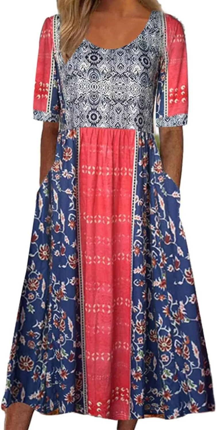 Boho Dress for Women Floral Print Crewneck Short Sleeve Tiered Pleated Long Sundresses Summer Casual Loose Dresses