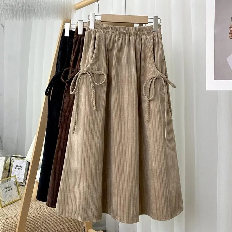 Bow Pocket Midi Long Corduroy Skirt, Women's Spring & Autumn High Waist Pleated, Female Khaki A-Line Style