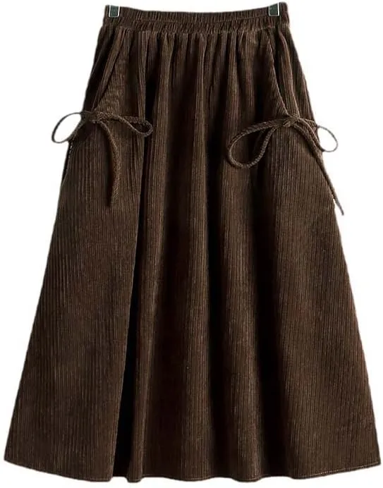 Bow Pocket Midi Long Corduroy Skirt, Women's Spring & Autumn High Waist Pleated, Female Khaki A-Line Style