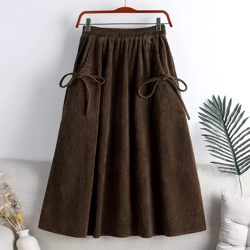 Bow Pocket Midi Long Corduroy Skirt, Women's Spring & Autumn High Waist Pleated, Female Khaki A-Line Style