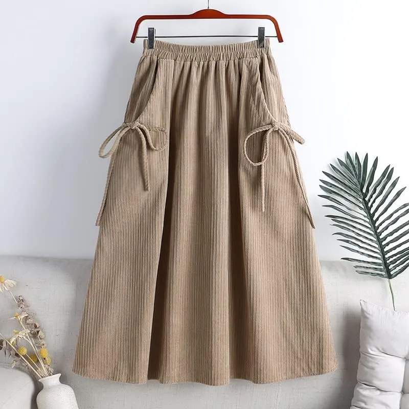 Bow Pocket Midi Long Corduroy Skirt, Women's Spring & Autumn High Waist Pleated, Female Khaki A-Line Style