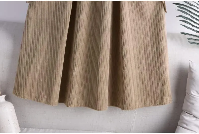 Bow Pocket Midi Long Corduroy Skirt, Women's Spring & Autumn High Waist Pleated, Female Khaki A-Line Style