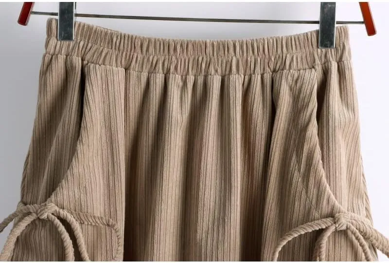Bow Pocket Midi Long Corduroy Skirt, Women's Spring & Autumn High Waist Pleated, Female Khaki A-Line Style