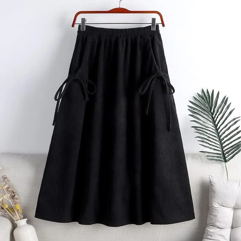 Bow Pocket Midi Long Corduroy Skirt, Women's Spring & Autumn High Waist Pleated, Female Khaki A-Line Style