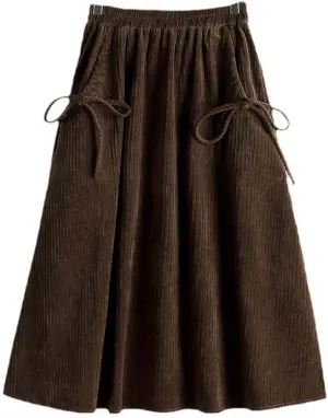 Bow Pocket Midi Long Corduroy Skirt, Women's Spring & Autumn High Waist Pleated, Female Khaki A-Line Style