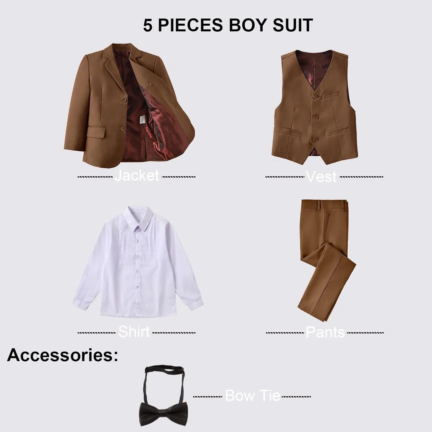 Boy Suits 5 Pieces Formal Suit Set with Adjustable Waist Kids Dress Suit for Wedding Prom