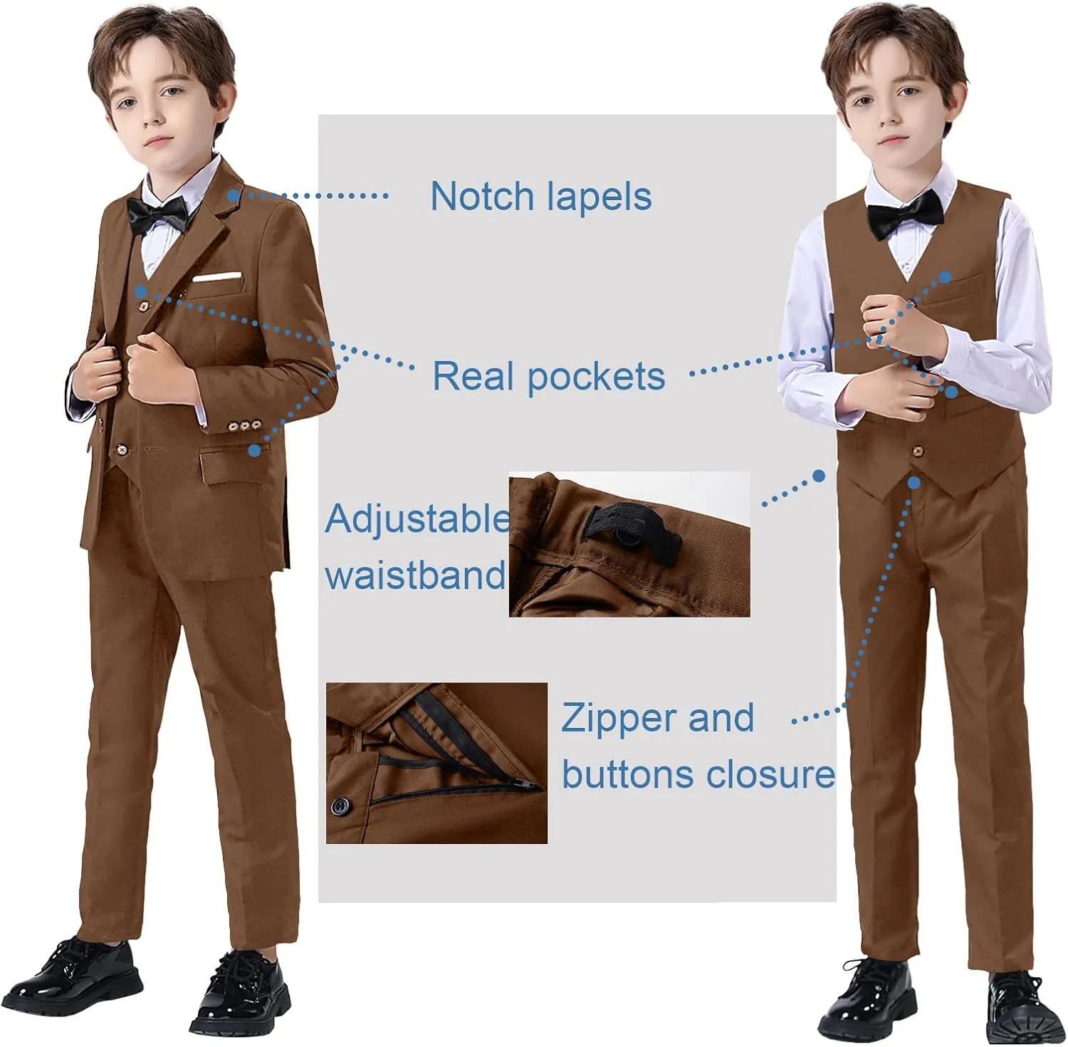Boy Suits 5 Pieces Formal Suit Set with Adjustable Waist Kids Dress Suit for Wedding Prom