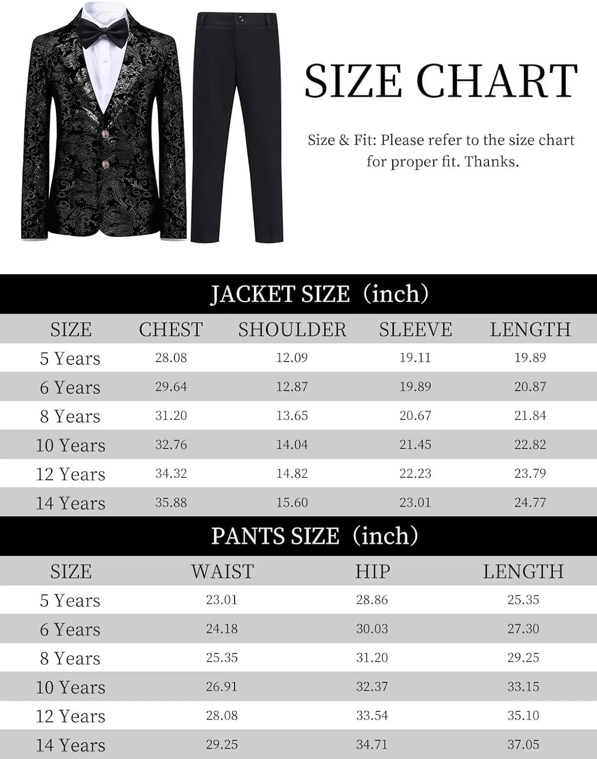 Boyland Boys Jacquard Suit Slim Fit Tuxedo Suits Jacquard Notch Lapel Tux Jacket Pants Party Formal Wear