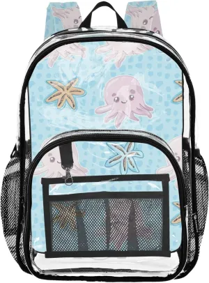 Boys Backpacks for Girls Cartoon Funny Octopus Starfish Clear Bag for Women Travel Large Plastic Approved Bag