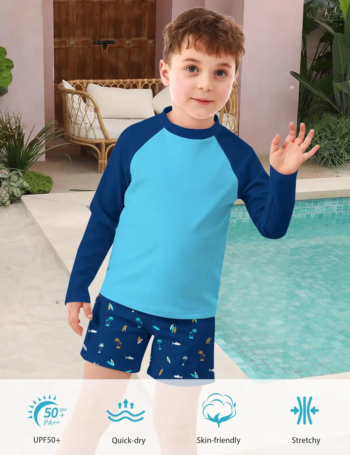 Boys Long Sleeve Rash Guard Swimsuit Kids 2-Pieces Bathing Suits Set