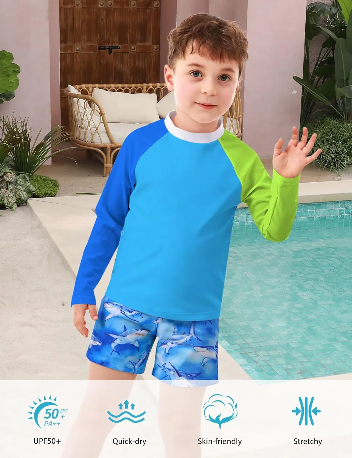 Boys Long Sleeve Rash Guard Swimsuit Kids 2-Pieces Bathing Suits Set